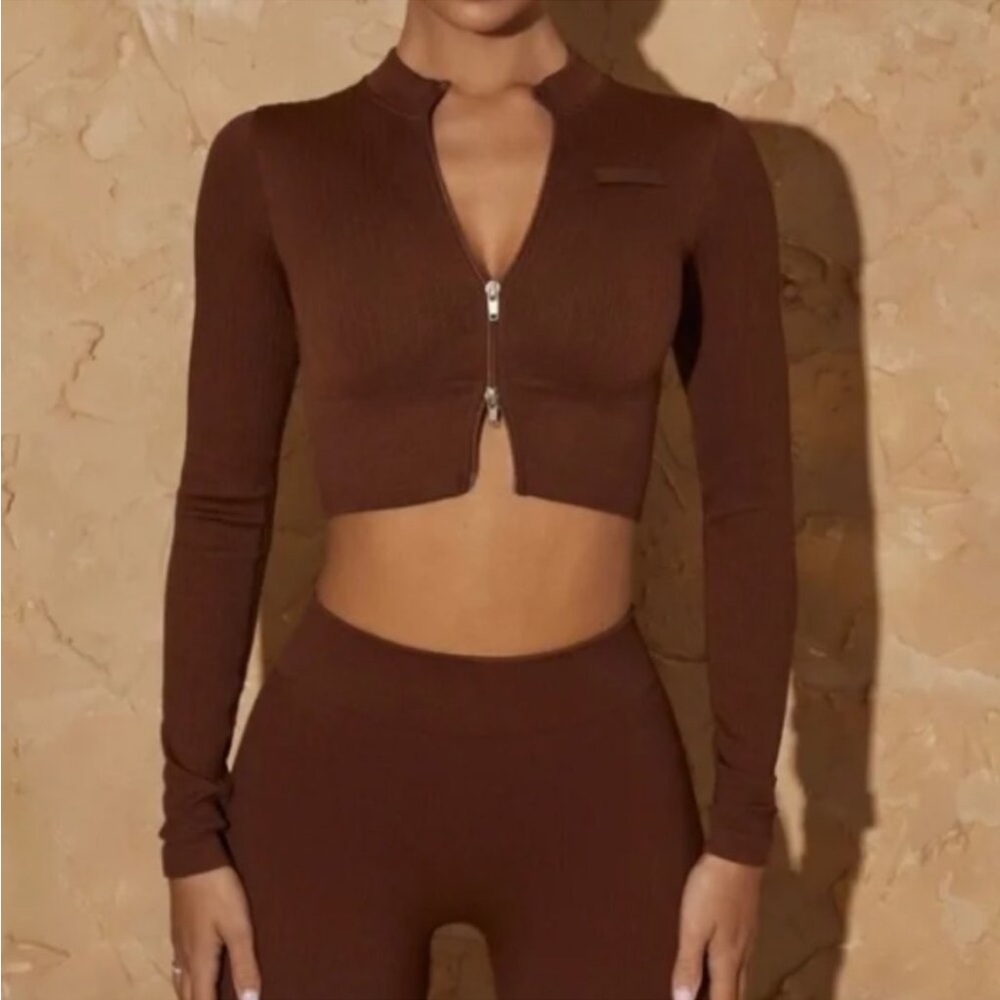 Bo + TEE Brown DYNAMIC Long Sleeve Crop Top XS